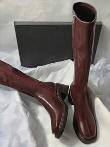 Fall/Winter 2025 Chunky Heel Square Toe Solid Color Elastic Slim Over-The-Knee Boots - Burgundy - View 5