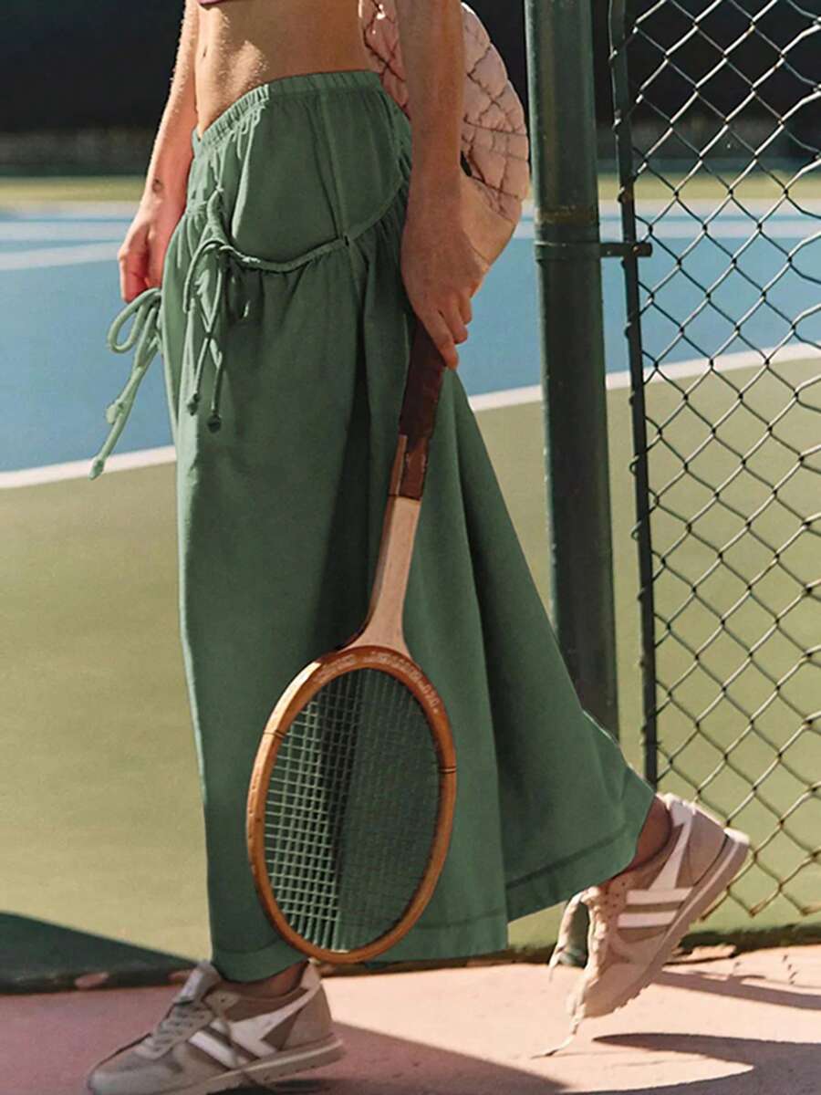 Womens Casual Wide Leg Cropped Pants, Lightweight Solid Color Trousers, Elastic Waist Drawstring Loose Fit With Pockets - Army Green - View 1