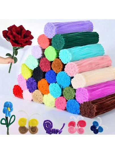 100pcs Flexible Twist Ties (High Density), 53 Colors Knitted Floral Stems, Bendable Knitted Floral Stems, Gray Craft Pipe Cleaners, Solid Color Knitted Floral Stems, Craft Pipe Cleaner Supplies, Knitted Pipe Cleaners For Craft Making, Fluffy Stick Pipe Cleaners, Arts & Crafts And Decorations, Multifunctional DIY Bouquet Twist Tie Materials