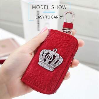 1pc Luxury Crown Faux Leather Keychain Case, Secure Zipper Car Key Holder, Durable Compact Design For Men & Women - Premium Auto Accessories By