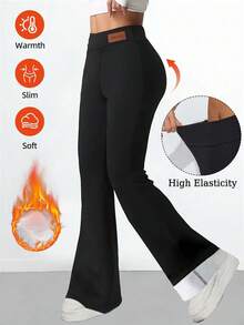 Women High Waist Thermal Flared Leggings Seamless Elastic Waist Slimming Lift Buttocks Wide Leg Pants Gym Yoga Pilates Winter Clothes Casual Pants Tracksuit Set Women,Fleece - Black - View 6