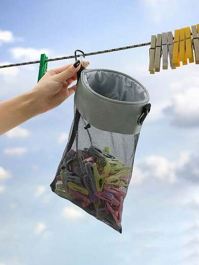 Net Hanging Storage Bag, Net Clip Bag, Clip Bag With Hook, Drawstring Closure, Wide Mouth Clip Bag, Drawstring, Clothespin, Wooden Clothespin, Canvas Hanging Storage Bag, Suitable For Bathroom, Laundry Room, Dormitory And Other Occasions, Home Storage Supplies