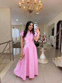 Elegant Long Dress With Puff Sleeves And Front Buttons – Sophisticated Look For Parties And Events - 熱帶粉紅色 - 查看 2