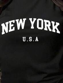 Conjunto de camiseta casual de verano de manga corta holgada para mujeres con shorts, impresión new york cuello redondo  Letras    Sencillo  Casual    Tela    Deportivo  Casa  Diario - Negro - Ver 3