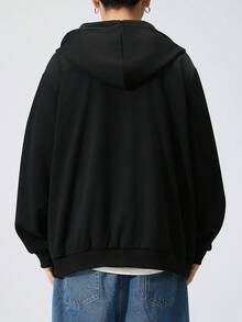 加大码黑色连帽休闲卫衣，适合秋冬季节穿着，长袖上衣 - 黑色 - 查看 9