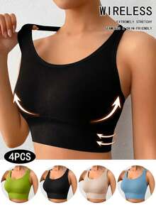 4pcs EssElegance High Support Sports Bra For Women With Padded & Mesh Panels, Bras For Women Breathable Stretch Fit For Yoga Running Training, Ultra-Soft Breathable Fabric - 彩色 - 查看 3