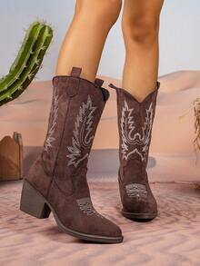 1 Pair Chunky Heel Western Boots For Teens, Fashion European American Style Mid-Calf Slip-On Boots For Plus Size, Casual Daily Wear & Holiday, Autumn/Winter - Coffee Brown - View 2