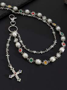 1pc Men's Retro Luxury Multi-Layer Rhinestone & Faux Pearl Pants Chain, For Pants Decoration Summer, School Autumn-Winter Accessories Halloween Costume,Suitable For Teens, Youth,Men,Casual, Outdoor, Athletic, Vacation, Graduation Gifts, Birthday, Daily Wear - Cross Pendant - Gold - View 5