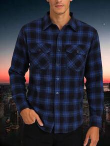 Mens Checkered Flannel Front Button-Up Casual Long Sleeve Shirt Date Night Husband   Plaid    Fall  Spring  Spring/Fall  Winter  All    Regular Fit    Button - Navy Sky - View 2
