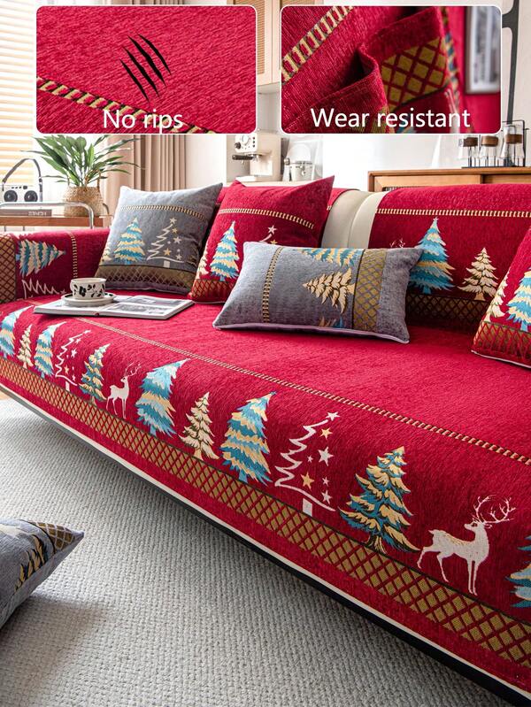 1pc Christmas Tree Sofa Cushion Cover, All Season Sofa Seat Protector, Modern Minimalist Anti-Slip Washable Sofa Slipcover, Soft, Colorfast, Pet Friendly For Bedroom, Office, Living Room, L-Shaped Sofa And 1/2/3/4 Seater