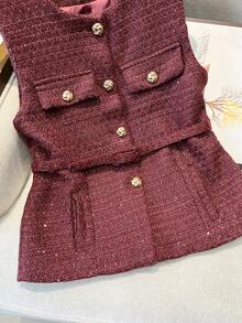 GMFP 优雅派对上衣，女士休闲时尚金属纽扣圆领修身腰带亮片粗花呢柔软羊毛酒红色背心外套，新年/情人节