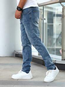 Casual Fashion Versatile Daily Slim Fit Simple Button Men Jeans - Blue - View 4