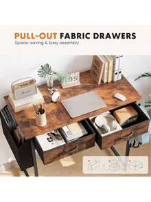 32 Inch Small Desk With Fabric Drawers – Vanity Table With Storage Drawer & Bag. Writing Desk For Bedroom/Study, Small Spaces - 鏽棕色 - 查看 7