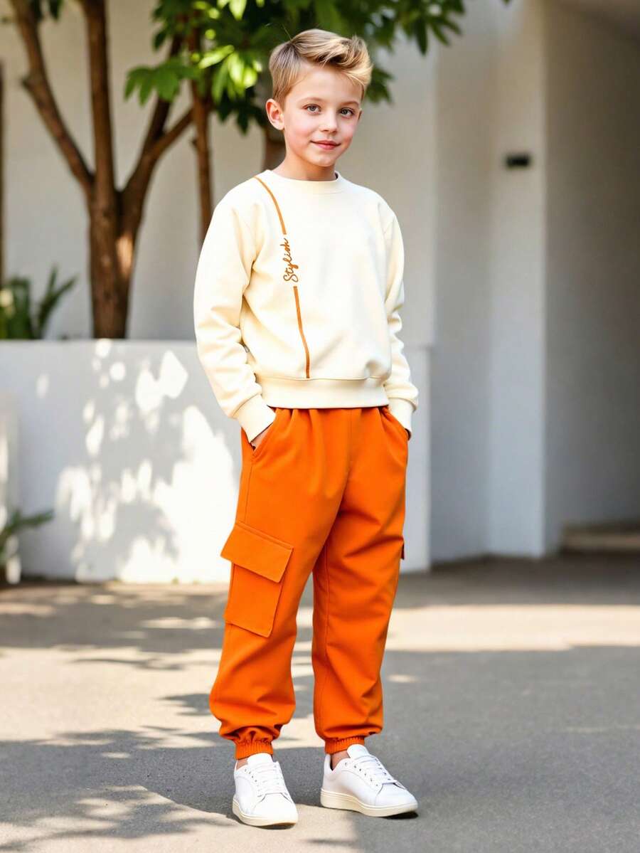 2pcs/Set Boys' Letter Print Crew Neck Sweatshirt And Sweatpants Outfit, Soft Knit Casual Fashion Suit For Older Kids, Spring/Autumn/Winter