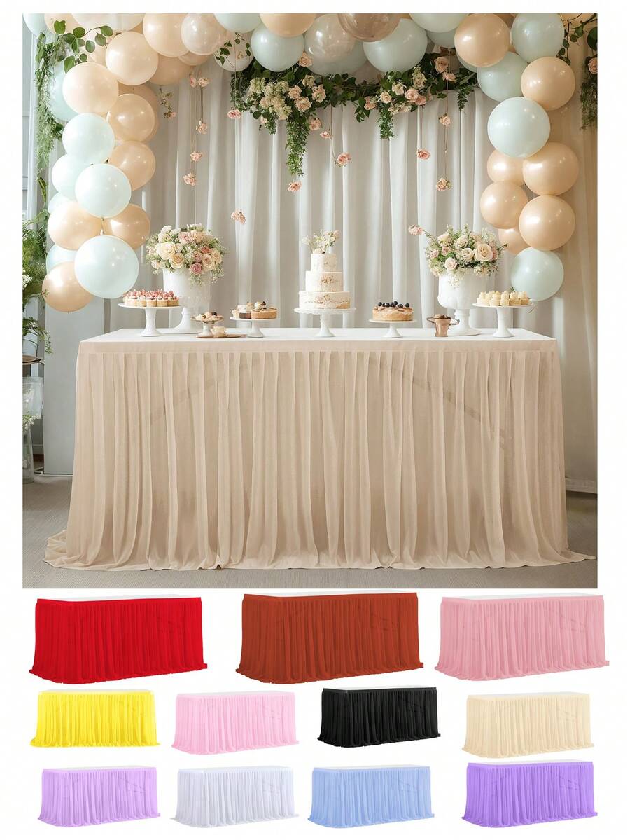 1pc Polyester Ruffled Table Skirt, Suitable For 48/72/96/108/168 Inch Rectangular Tables, Wrinkle-Resistant And Easy To Clean, Ruffle Hem Design, Ideal For Birthday, Party, Wedding, Bridal Shower, Celebration Decor - Multicolor - View 1