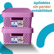 Kit 2 cajas organizadoras tapa plástico modernas 11L almacenamiento orden closet ropa accesorios hogar apilable resistente diseño contemporáneo fácil transportar - Lila Púrpura - Ver 2