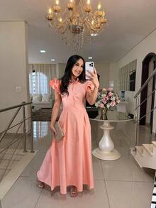 Elegant Long Dress With Puff Sleeves And Front Buttons – Sophisticated Look For Parties And Events - Orange - View 2