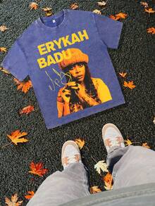 EWH 100% Pure Cotton, Make Old,Retro , Erykah Badu Character Print Vintage Casual Crewneck Top Women's Distressed Cotton T-Shirt,DG004, 230g Round-Neck T-Shirt, Wash Water, Unisex - 藍色 - 查看 1