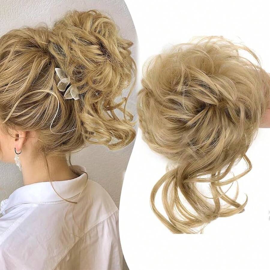Moño de pelo negro con scrunchie, moño, moño desordenado, piezas de cabello, piezas de cabello despeinado, piezas de cabello para mujeres y niñas (negro natural) - #24 (rubio ceniza) - Ver 1
