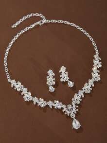 3Pcs/Set Fashion Luxury Bridal Rhinestone Necklace Earrings Set Decoration , Elegant Style Full Diamond V-Neck Teardrop Pendant Set , Ladies Engagement Wedding Jewellery Gift - 套裝 - 查看 4