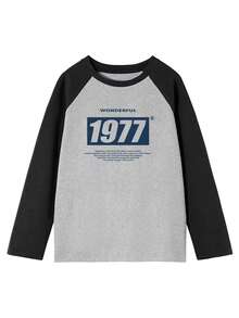 2025 Autumn New Fashion Casual Loose Long T-Shirt For Women, Numeric & Letter Print Colorblock Streetwear Tops, Korean Style - Dark Gray - View 4