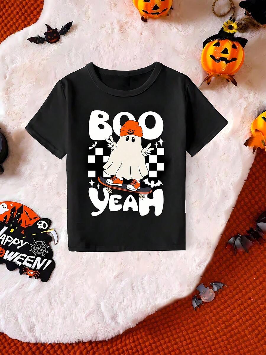 KID002|Halloween|Camisetas para KID002|Halloweens |Para KID002|Halloweens de 4 a 15 años|Enviado desde México|Telas transpirables de alta calidad|Camisetas casuales de cuello redondo de manga corta para KID002|Halloweens, suaves y respetuosas con la piel,versátiles y cómodas, sencillas y versátiles, prácticas, transpirables y no cargadas, imprescindibles básicas, sencillas y elegantes, una buena opción para el uso diario.Camisa de color negro con un gracioso fantasma en patineta, lucido un gorro de color naranja y con las letras "BOO YEAH" que se ajustan perfectamente al estilo festivo de Halloween, rodeado de decoraciones como calabazas y murciélagos, ideal para lucir en las celebraciones del 31 de octubre - Negro - Ver 1