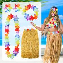 A Set Hula Outfits Hawaiian, Hawaiian Flower Skirts For Women Dress Outfits Tropical Grass Skirts Fortuning'S Costume For Beach Party Favors Halloween Cosplay,Grass Skirt Flower Accessories In Yellow, Green, And Rose Red.