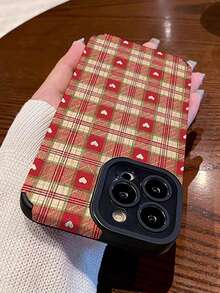 1pc Minimalist Fashion Red Plaid Heart Pattern PU Leather Phone Case Compatible With Samsung/ 11, 12 Pro Max, 14 Pro Max, 15 And Other Models - Multicolor - View 3