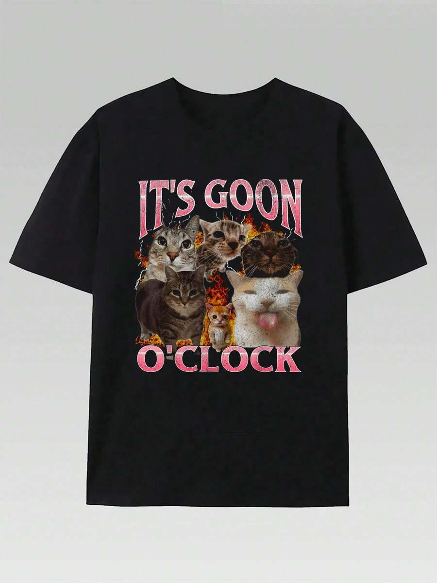 Gooning O'clock Funny Cat Meme Bootleg Graphic T-Shirt Cotton T Shirt Men Crew Neck Short Sleeve Casual T-Shirt - màu đen - Xem 1