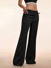 CharmGlow Simple Deep Gray Straight Leg High-Waisted Wide-Leg Women's Trousers - Black - View 4