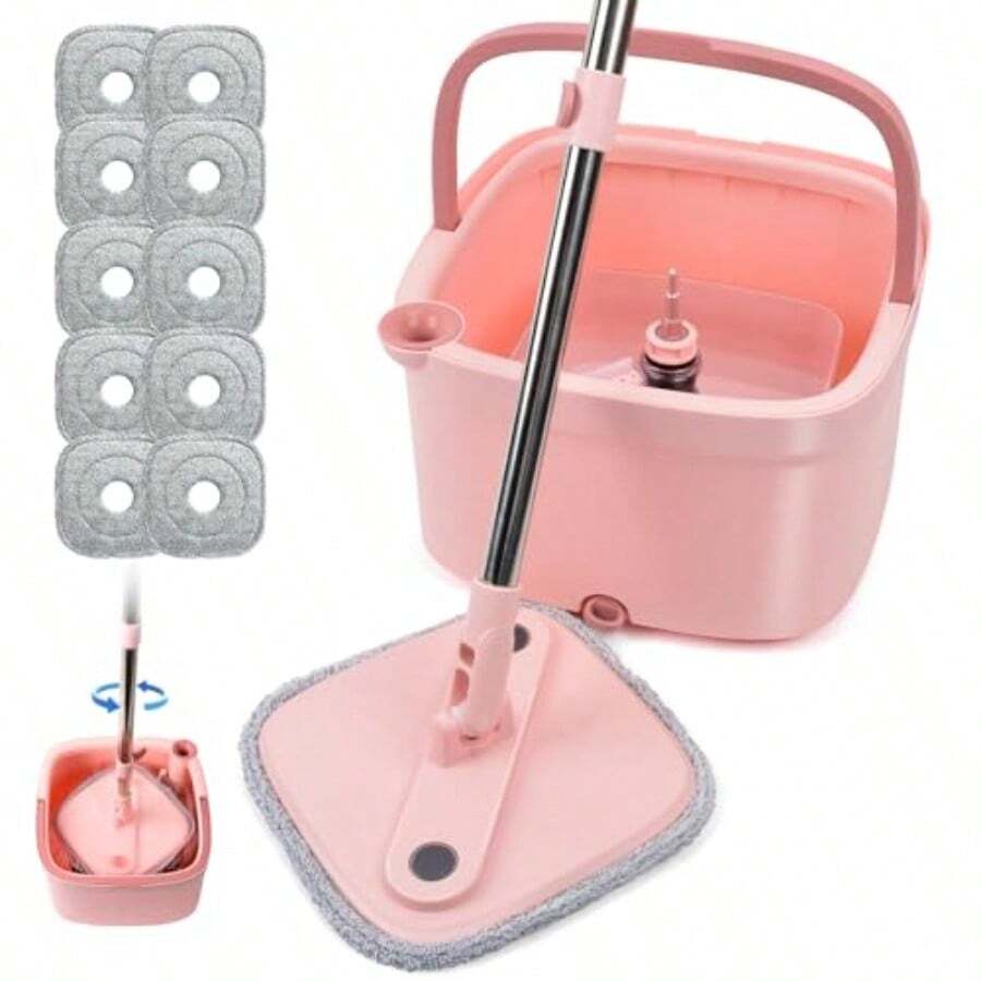 Spin Mop And Bucket Set With MSelf Separation Dirty And Clean Water System Square Mop Bucket Self Wringing 360° Rotating Clean MopHead For Hardwood Tile Marble Floors With 10PadsPink - 粉色 - 查看 1