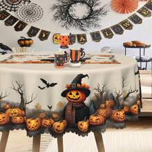 1pc Halloween Tablecloth, Pumpkin, Scarecrow, Ghost, Bat, Vintage Style, Round And Rectangular Tablecloth, Suitable For Halloween Decoration, Autumn Decoration, Farmhouse Decor, For Indoor And Outdoor Daily Gatherings, Lunch And Dinner Use