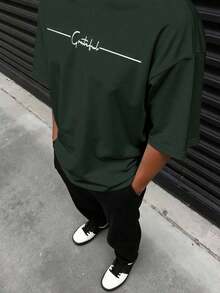Simple Gratitude Plus Size Men's Round Neck Short Sleeve T-Shirt Summer Fashion - 深灰色 - 查看 2