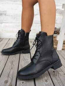 女士纯色踝靴系带战斗靴休闲户外步行鞋 - 黑色 - 查看 5