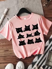Teens Girls Cute Cartoon Cat Print, Short Sleeve Soft Fabric Cute Tee, Casual Daily Wear Spring Summer, Teen Girls Tops - Pink - View 2