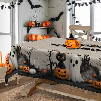 1pc Halloween Tablecloth, Pumpkin, Cat, Ghost, Bat, Vintage Castle Design, Round And Rectangular Tablecloth, Suitable For Halloween Decoration, Autumn Decoration, Farmhouse Decor, For Indoor And Outdoor Daily Gatherings, Lunch And Dinner Use