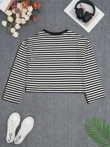 Camiseta de manga larga con bloques de color y rayas, de corte holgado para mujer, una prenda versátil y casual para usar en capas