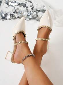 女士尖头铆钉装饰白色粗跟凉鞋，2025年新款时尚派对风格高跟鞋，适合通勤，职业女性办公室着装，黑色高跟鞋搭配连衣裙，穆勒高跟鞋 - 白色 - 查看 1