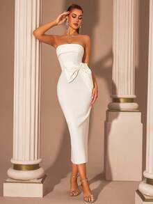 ADYCE Đầm dạ hội trễ vai thanh lịch không dây trang trí nơ hở lưng phối ren hở lưng cho nữ Đầm dự tiệc cocktail midi sự kiện hẹn hò Đầm dạ hội - trắng - Xem 3