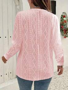 New European & American Cross-Border V-Neck Loose Short Sleeve T-Shirt, Jacquard Solid Color Tops For Women, Spring/Summer - Pink - View 2