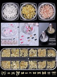 Hộp 1/2/3 nơ hợp kim dễ thương dùng trang trí móng tay, nơ ruy băng màu bạc/vàng/vàng hồng, phụ kiện làm móng, phụ kiện đính đá DIY cho móng tay phụ nữ và bé gái. - Nhiều màu - Xem 9