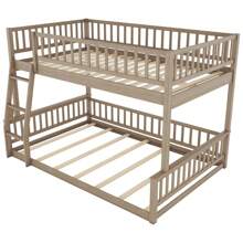Ull XL Over Queen Bunk Bed With Ladder & Guardrails - Solid Wood Twin-Over-Full Bunkbed In Walnut Finish, Space-Saving Stacked Beds For Kids/Teens