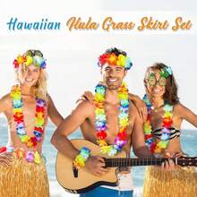 A Set Hula Outfits Hawaiian, Hawaiian Flower Skirts For Women Dress Outfits Tropical Grass Skirts Fortuning'S Costume For Beach Party Favors Halloween Cosplay,Grass Skirt Flower Accessories In Yellow, Green, And Rose Red.