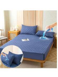 Waterproof Mattress Cover With Queen Size Pillowcase - Blue - View 1