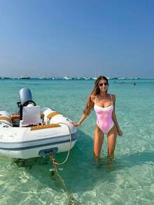 Women's Pink & White Spaghetti Strap Fitted One-Piece Swimsuit, Summer Fashion - Pink - View 5