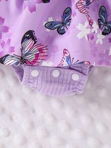 Baby Girl 2pcs Set Sweet Butterfly & Flower Print Ruffle Hem Long Sleeve Bodysuit Dress With Bow Hair Tie - Purple - View 10