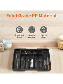 Vandise Cutlery Drawer Organiser, Expandable 6-8 Compartment Cutlery Tray For Kitchen Drawer, Adjustable Utensils And Silverware Holder, Plastic Flatware Spoons Forks Knives Holder Storage Insert, Black Cutlery Tray Plastic Drawer Organiser Expandable From 33 X 38cm To 57 X 38cm, 5cm Depth, Waterproof Utensil And Silverware Holder 6 To 8 Separate Slots For Kitchen, Bedroom, OfficeUtensil Drawer Organiser 6-8 Compartment Expandable Large Cutlery Tray For Kitchen, Adjustable Silverware Flatware Holder, Plastic Kitchen Spatula Tools And Gadgets Storage Divider, Black - Black - View 3