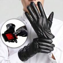 1 Pair Men's Warm Thermal Lined PU Leather Gloves, Waterproof Anti-Slip Outdoor Cycling Driving Gloves With Cuffs, Winter - Pleated PU - View 2