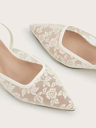 Women's Solid Color Lace Mesh Hollow Kitten Heel Shoes, Floral Elegant Pointed Toe High Heels, Fashion Ankle Strap High Heels, Formal Occasion Wedding Party Mule Shoes