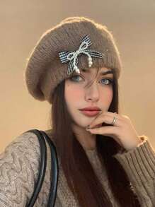 1pc Women's Bow Beret Hat, Casual Warm Knitted Fuzzy Painter Beret Cap, Large Circumference, Versatile, Suitable For Outdoor, Dating, Gathering, Daily Use, Autumn/Winter Autumn Accessories